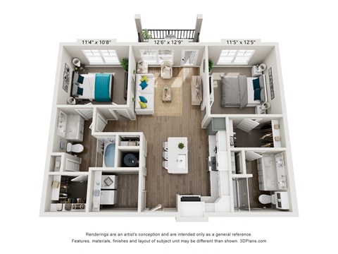 Floor plan for 2 beds, 2 baths, 1039 sqft